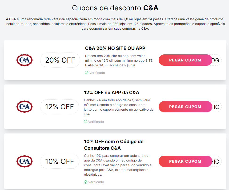 Cupom de desconto na C&A